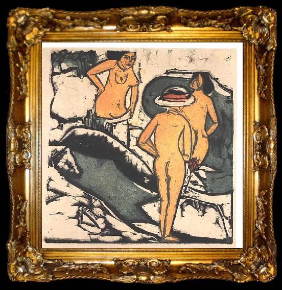 framed  Ernst Ludwig Kirchner Bathing women between white rocks, ta009-2